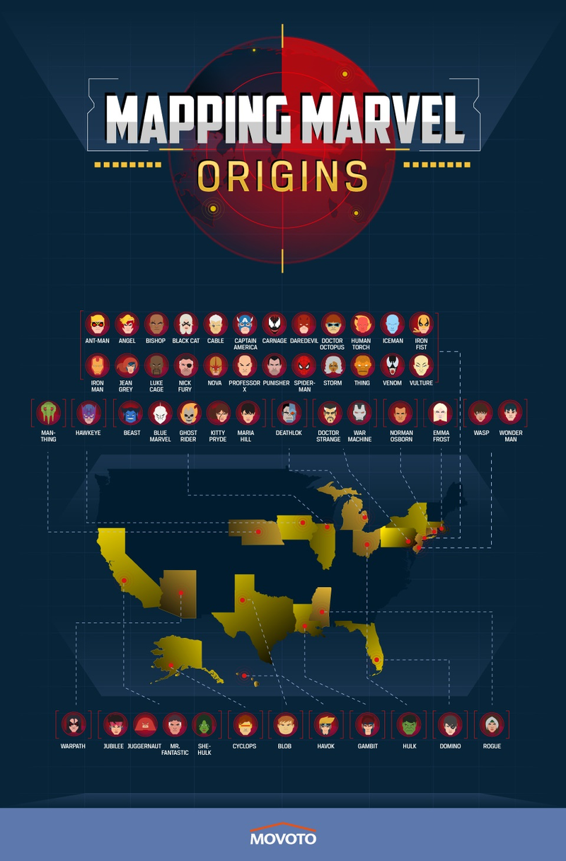 Illustration for article titled Here’s the birth locations of 75 Marvel characters, mapped across the world